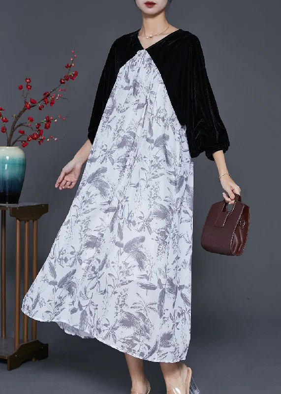 Silk dresses for womenFashion White Oversized Patchwork Silk Velour Chiffon Dress Spring