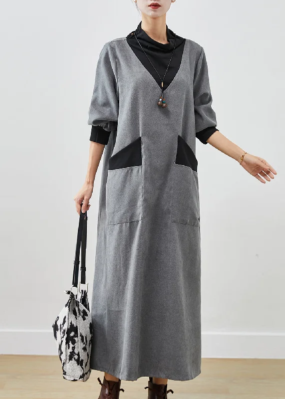 Summer dresses for hot weatherWomen Grey Turtle Neck Patchwork Cotton Long Dress Fall