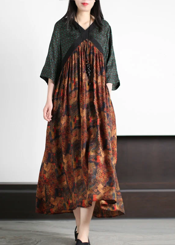 Low-cut dresses for womenHandmade Green O-Neck Patchwork Print Silk Long Dresses Summer