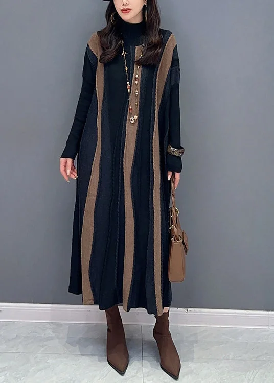 Synthetic dresses for budget-friendly optionsItalian Brown Striped Patchwork Knit Long Dresses Fall