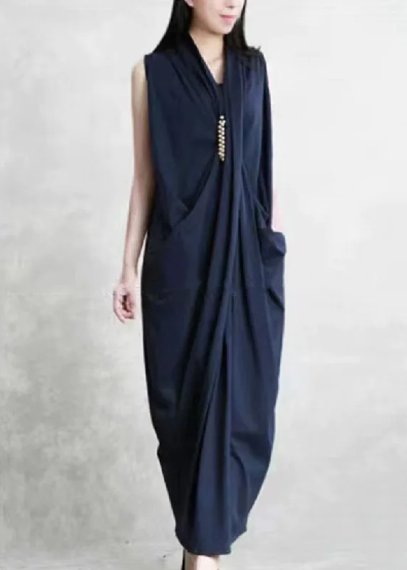 Batwing sleeve dresses for womenItalian Navy Pockets Wrinkled Patchwork Cotton Dresses Sleeveless