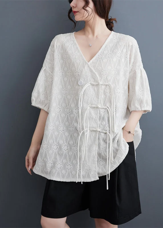Women's casual topsChic White V Neck Print Tassel Solid Lace Shirt Summer