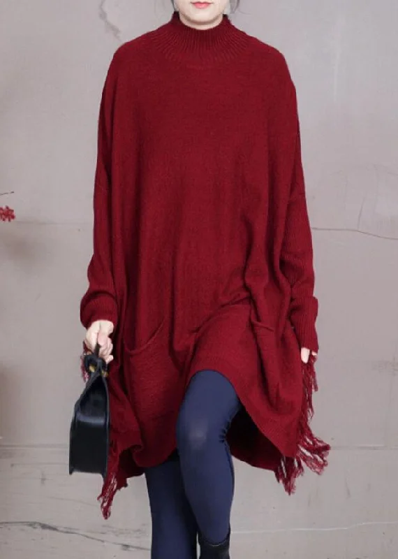 Patterned women's sweaterLoose Red Tasseled Pockets Knit Sweater Dress Spring