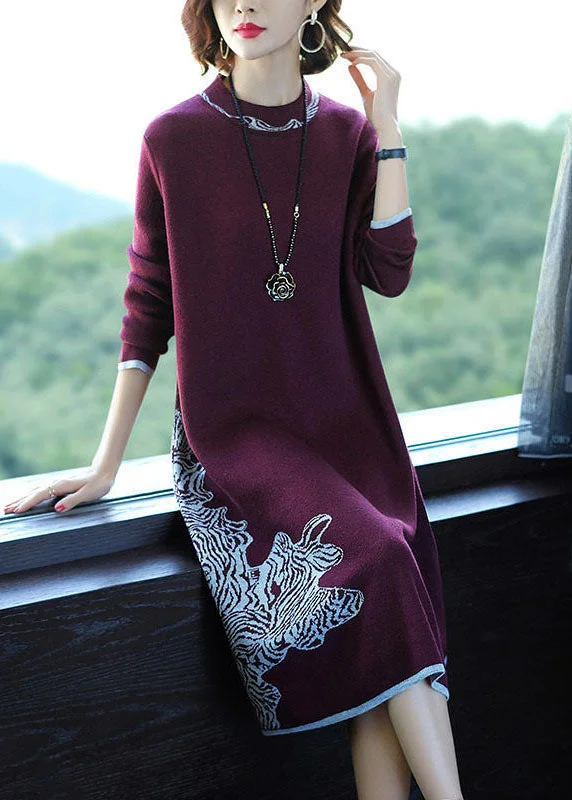 Limited edition women's sweaterBoutique Mulberry O-Neck Jacquard Knit Sweater Dress Winter