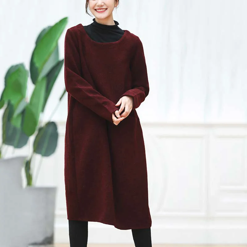 Embellished women's sweaterwarm burgundy knit dresses oversized O neck sweater casual baggy dresses pullover sweater