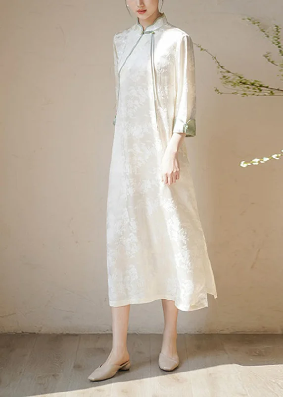 Synthetic dresses for budget-friendly optionsVintage Beige Stand Collar Tasseled Print Patchwork Silk Dresses Fall