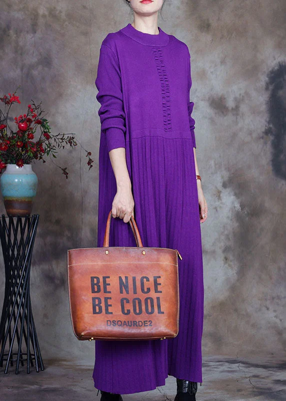 Suede women's sweaterPlus Size Purple O-Neck Knit Sweater Dress Winter
