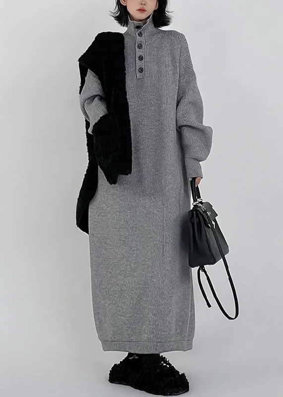 Neon women's sweaterChic Grey Hign Neck Button Long Knit Sweaters Dress Winter