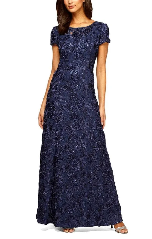 women's suit sets with stretch fabricsAlex Evenings - 212788 Rosette Lace Sequin Short Sleeve A-Line Gown