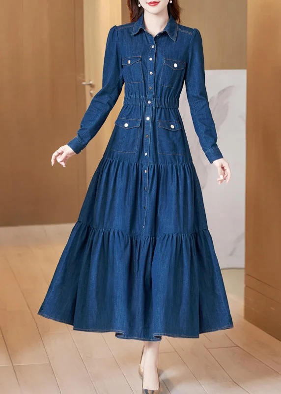 Sweetheart neckline dresses for womenClassy Blue Peter Pan Collar Wrinkled Patchwork Denim Dress Long Sleeve