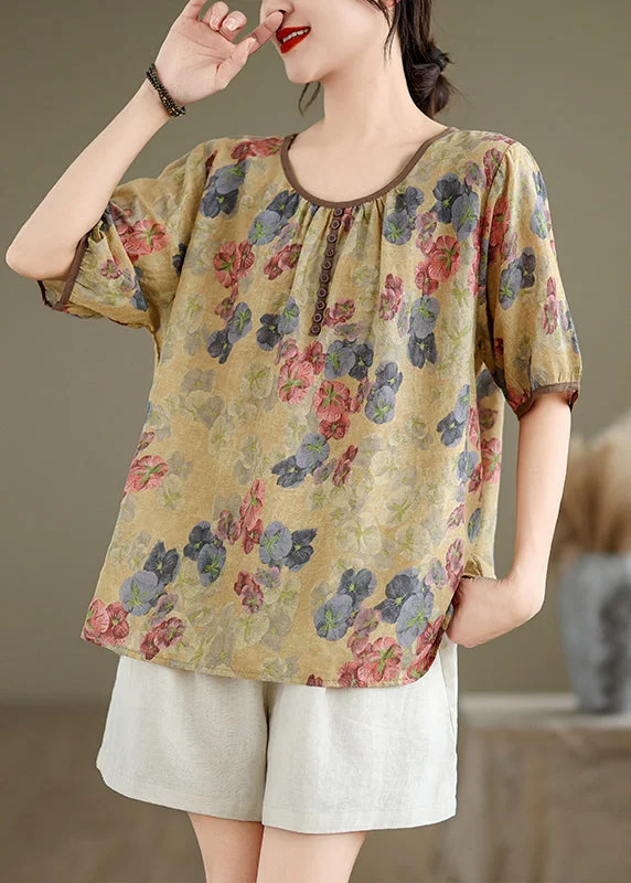 Thermal women's topsYellow Print Loose Linen T Shirts O Neck Short Sleeve