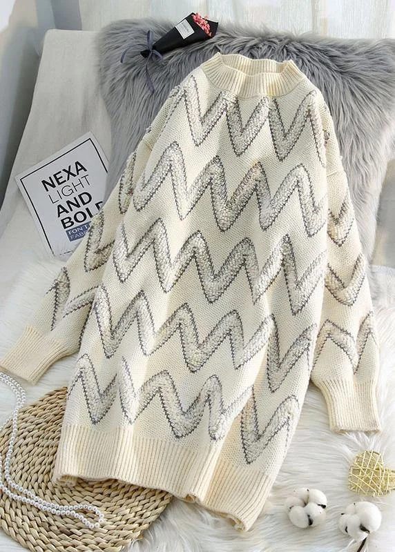 Eco-friendly women's sweaterPullover beige Sweater knit top pattern Design o neck thick daily knit dresses