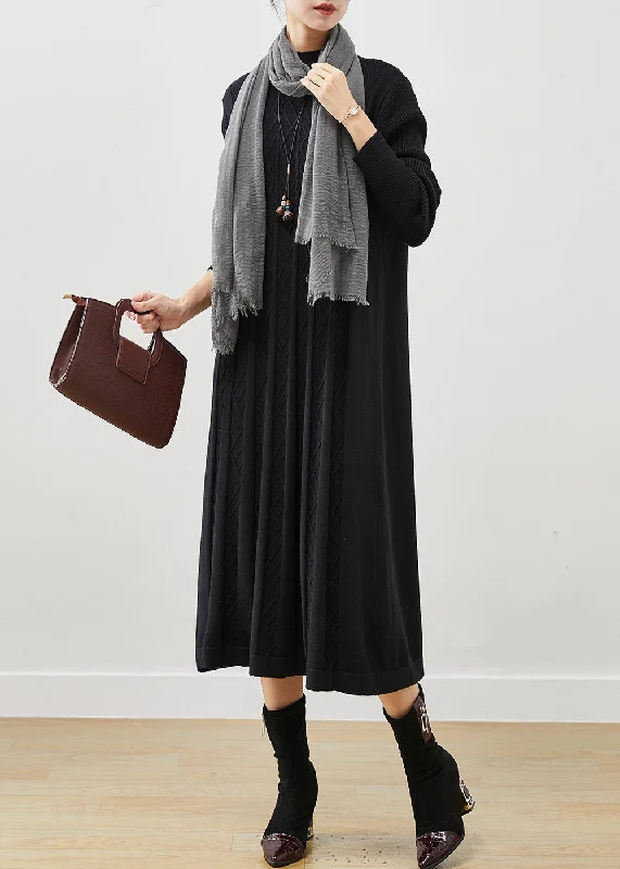 Button-down women's sweaterBlack Warm Knit Pleated Sweater Dress Stand Collar Winter