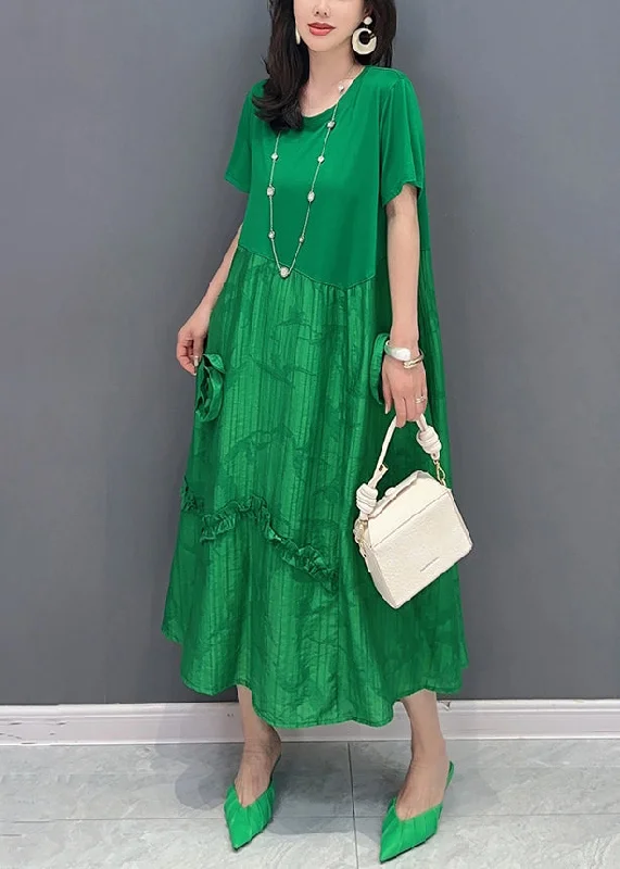 Shift dresses for womenChic Green O Neck Ruffled Patchwork Cotton Dresses Summer