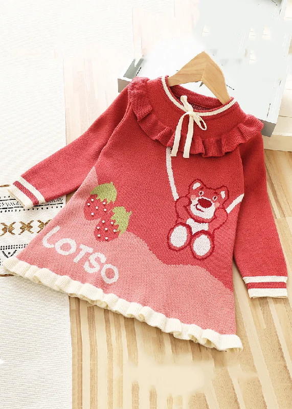 Travel women's sweaterNew Red Ruffled Lace Up Knit Kids Sweater Dresses Fall
