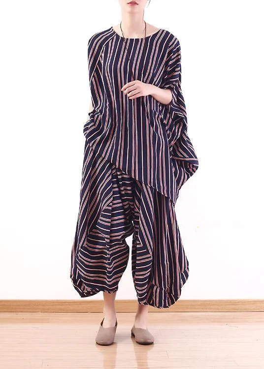 Stretchy women's topsSummer new red and blue striped women loose large size bat sleeve shirt bloomers suit