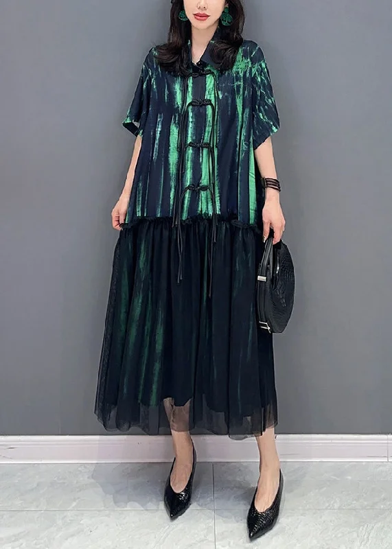 Chiffon dresses for womenVintage Green Tasseled Ruffled Tulle Patchwork Cotton Dresses Summer