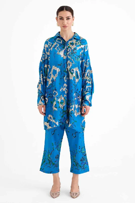 Fine knit women's topsSequin Embellished Blue Cuff Shirt Co-Ord Set
