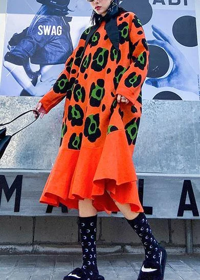 Navy blue women's sweaterKnitted o neck Ruffles Sweater outfits plus size orange print knitted dress