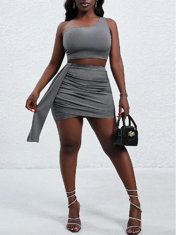 Vintage women's dressesOne Shoulder Sleeveless Plicated Mini Bodycon Set HB10117