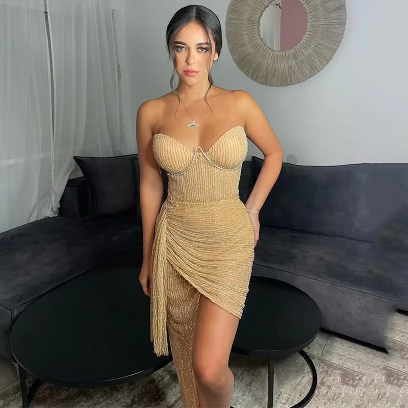 Chiffon dresses for womenStrapless Sequined Mermaid Prom Dress High Side Split Above Knee Formal Party Gowns Gold Mini Sexy Evening Dresses