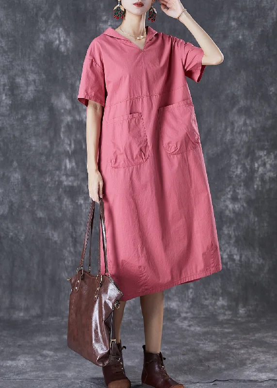 Short-sleeved dresses for womenHandmade Brick Red Hooded Pockets Cotton Sweatshirts Dress Summer