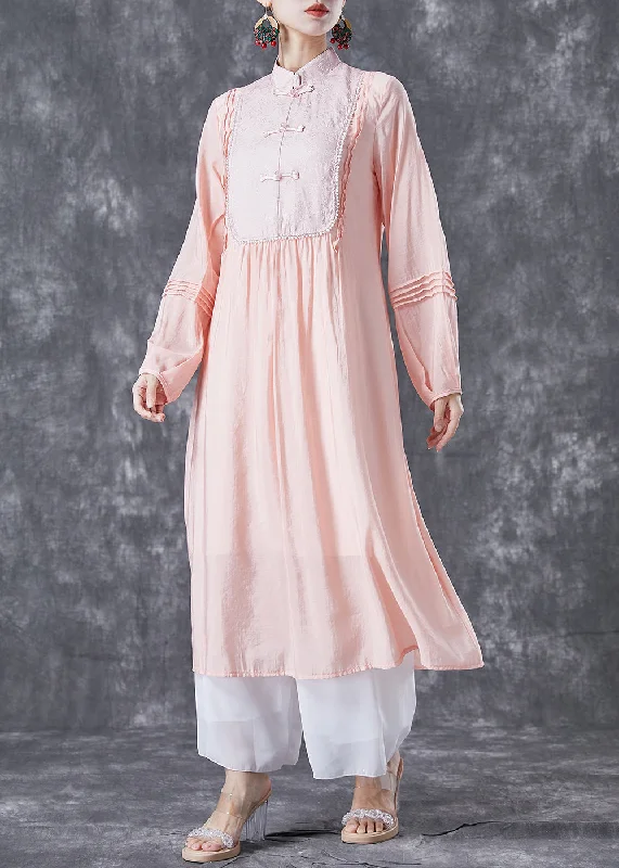 Tall women's dressesModern Pink Chinese Button Patchwork Wrinkled Cotton Dress Summer