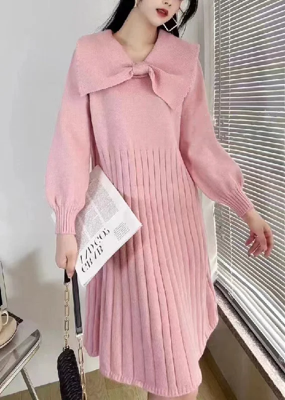 Embroidered women's sweaterElegant Pink Bow Wrinkled Knit Sweater Dress Winter