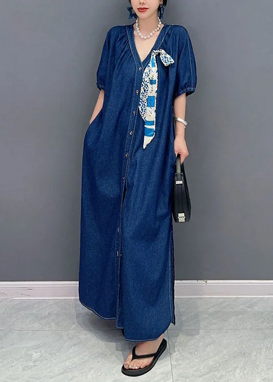 Sustainable dresses for eco-conscious womenWomen Navy V Neck Tie Waist Side Open Patchwork Denim Dress Summer