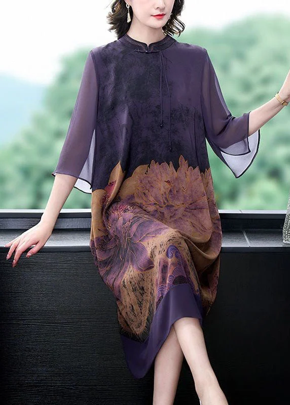 Sheath dresses for womenItalian Purple Stand Collar Tasseled Print Patchwork Silk Dress Summer