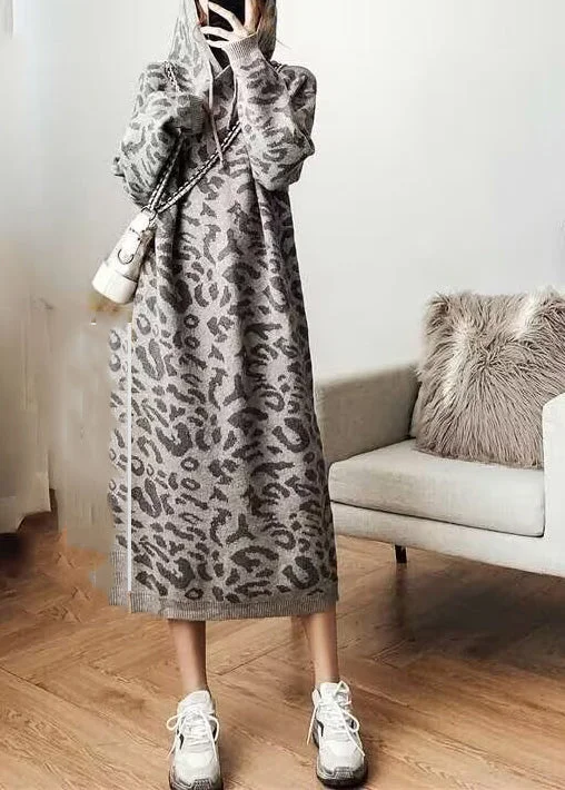 Athleisure women's sweaterFashion Grey Leopard Cozy Hoodie Knit Sweater Dress Fall