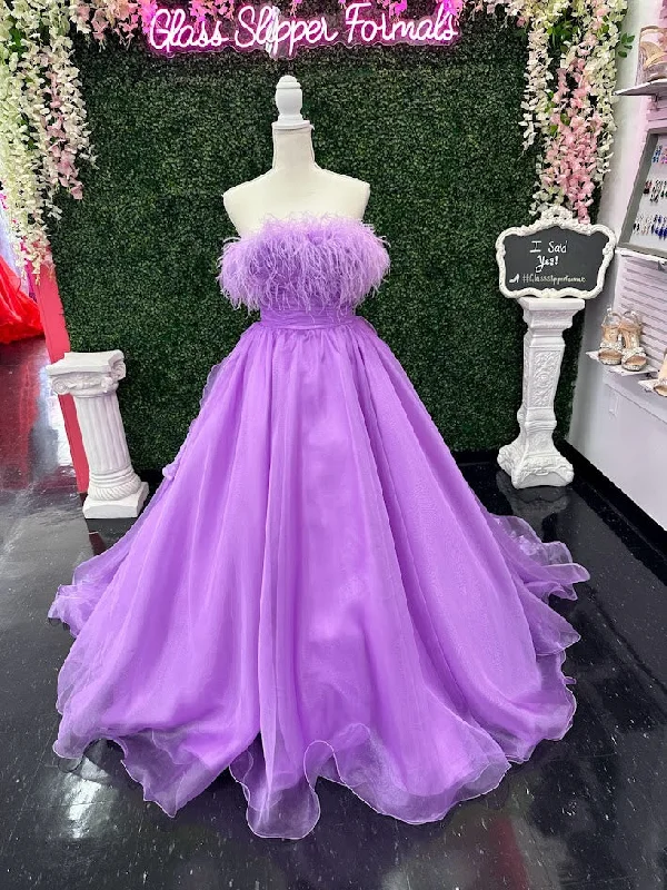 Chiffon dresses for womenJohnathan Kayne 2739 Size 4 LILAC strapless feather neckline evening dress long organza A line gown