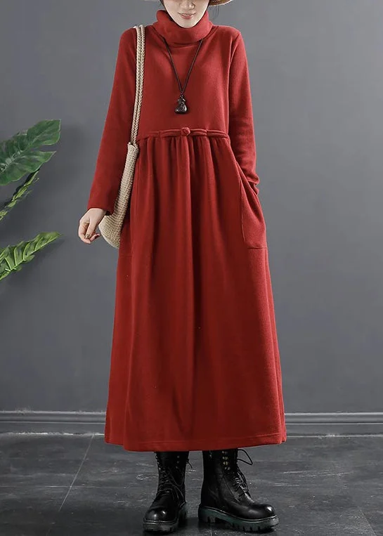 Gym wear dresses for athletic activitiesClassy Red Wrinkled Patchwork Thick Cotton Knit Long Dress Winter