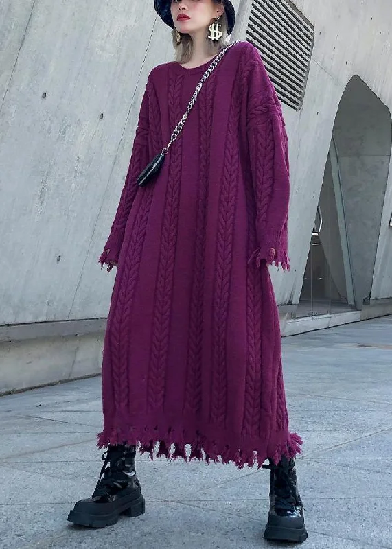 Glitter women's sweaterWomen purple Sweater dresses Refashion cable Largo tassel sweater dress