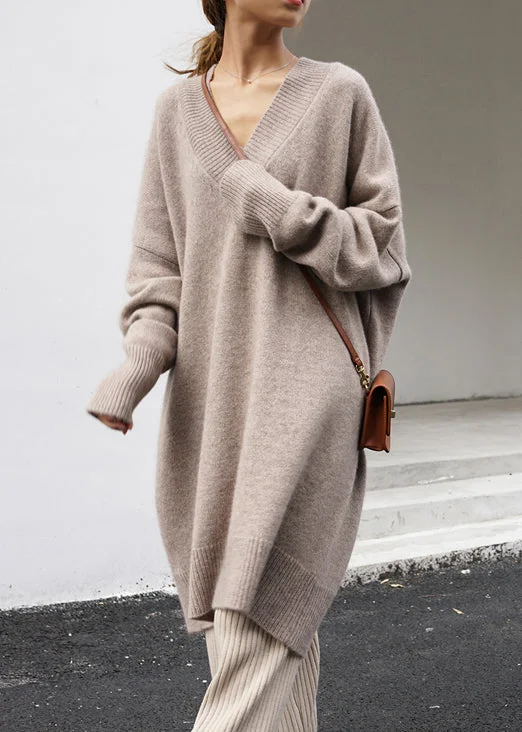 Striped women's sweaterPlus Size Khaki V Neck Oversized Knit Sweater Dress Spring