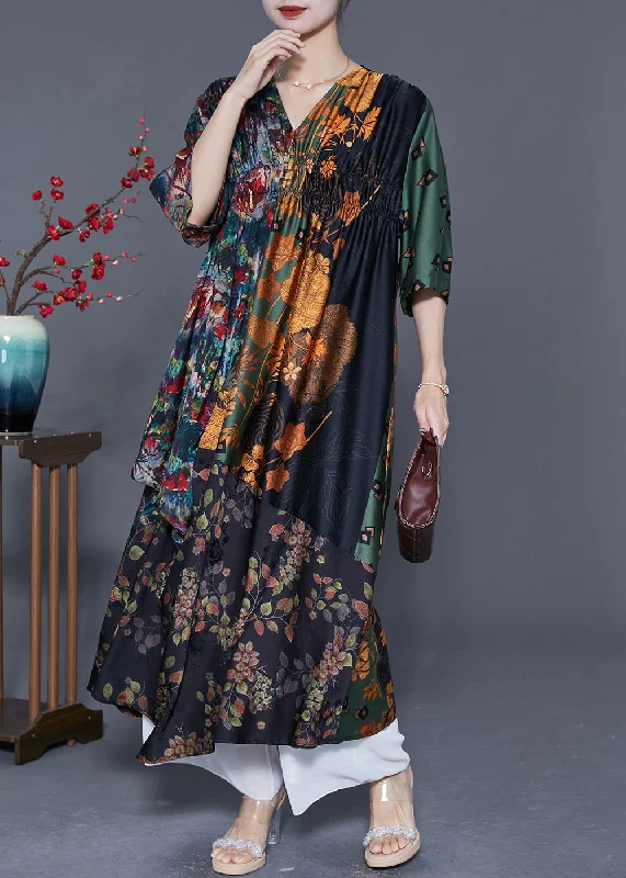 Limited edition dresses for collectorsBohemian Colorblock V Neck Patchwork Wrinkled Print Silk Long Dress Summer