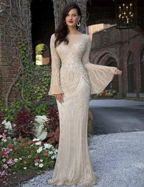 Off-the-shoulder dresses for womenPrimavera Couture - Embellished Long Bell Sleeve Bateau Dress 3284 - 1 pc Beige In Size 2 Available