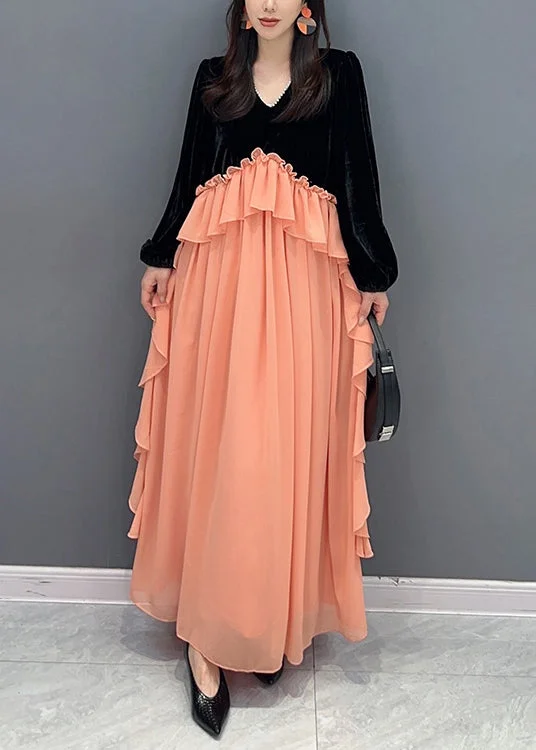 Satin dresses for womenHandmade Black Pink Ruffled Velour Patchwork Chiffon Dresses Fall