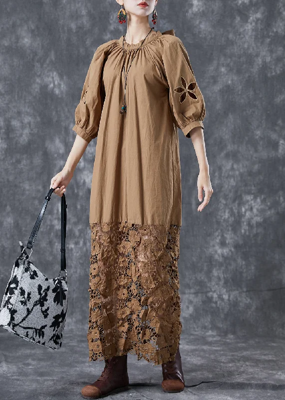 Layering dresses for versatile stylingCoffee Patchwork Cotton Long Dress Hollow Out Back Bow Puff Sleeve
