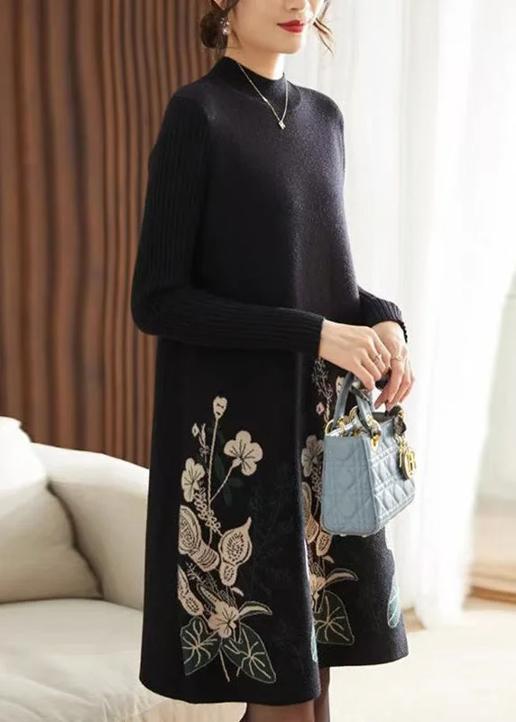 Fair Isle women's sweaterClassy Black O Neck Print Knit Long Sweater Dress Spring