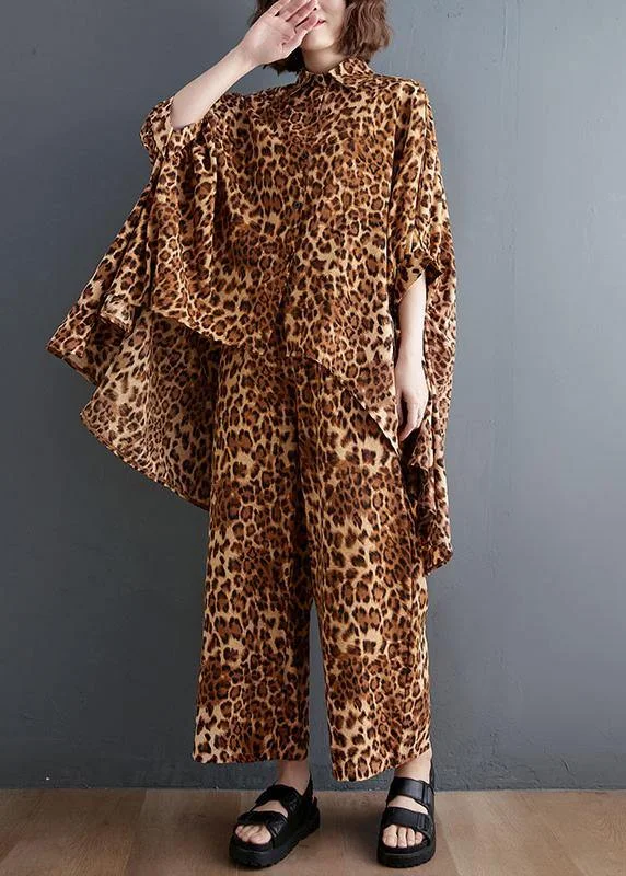 Tunic-style women's topsLeopard Chiffon Two Piece Irregular Shirt Wide Leg Capris