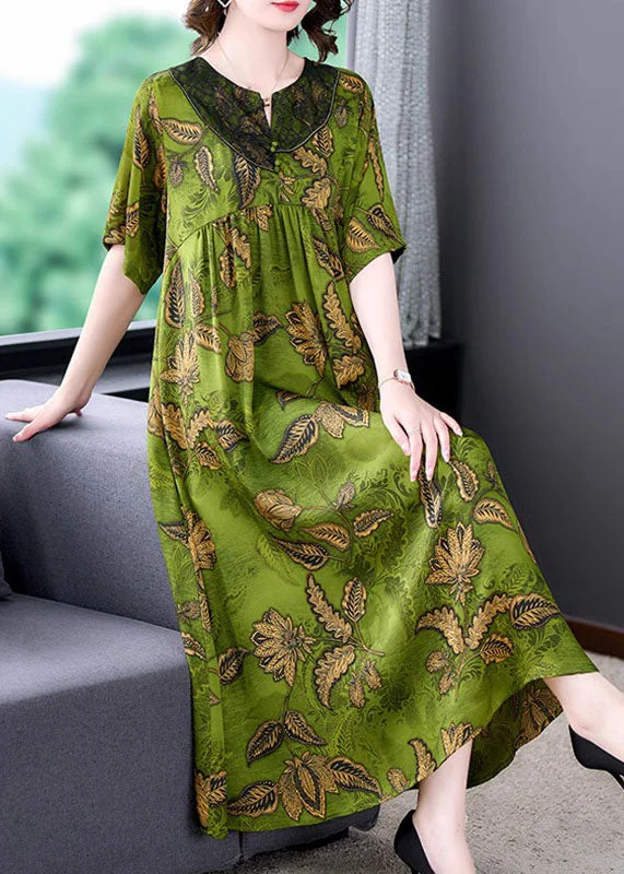 High-neck dresses for womenWomen Green Print Wrinkled Patchwork Silk Long Dress Summer