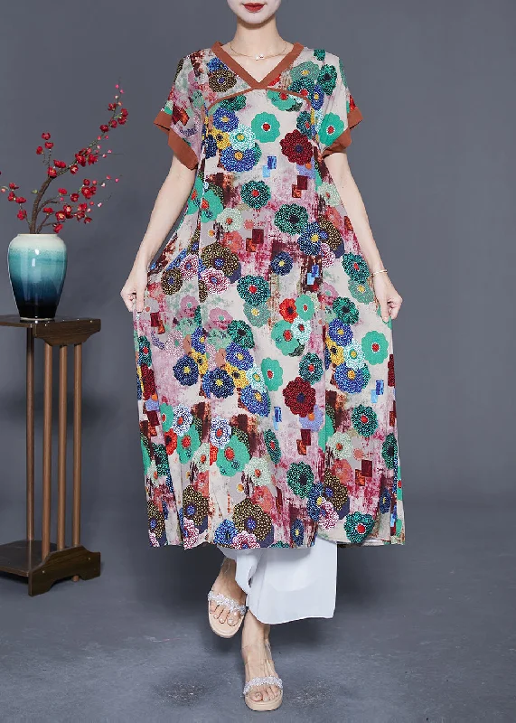 Statement dresses for making a fashion statementKhaki Print Cotton Long Dress O-Neck Summer