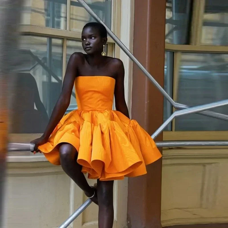 Cold-shoulder dresses for womenOrange Party Gowns Layered Off Shoulder Puffy Women Dress Ruffled Knee Length Prom Gown A line Mini Dress Candy Color