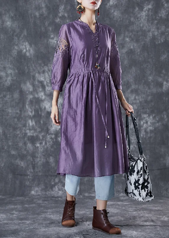 Midi dresses for womenFrench Purple Cinched Patchwork Hollow Out Silk Party Dress Bracelet Sleeve