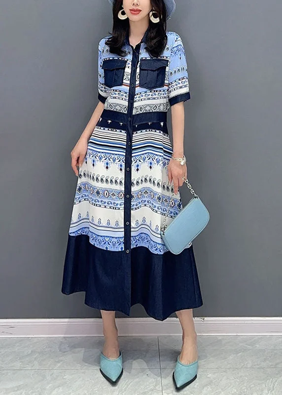Glamour dresses for red carpet appearancesFrench Blue Peter Pan Collar Print Button Patchwork Cotton Shirts Dress Summer