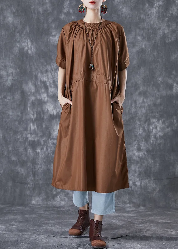 Fit-and-flare dresses for womenBoutique Coffee Drawstring Pockets Cotton Robe Dresses Summer