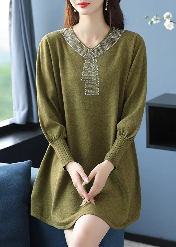 Shawl collar women's sweaterElegant Tea Green V Neck Zircon Woolen Sweater Dress Winter