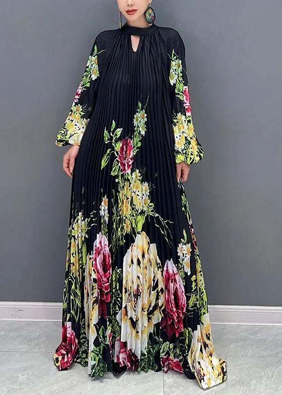 Short and sweet dresses for womenLoose Black Print Wrinkled Patchwork Chiffon Long Dresses Fall