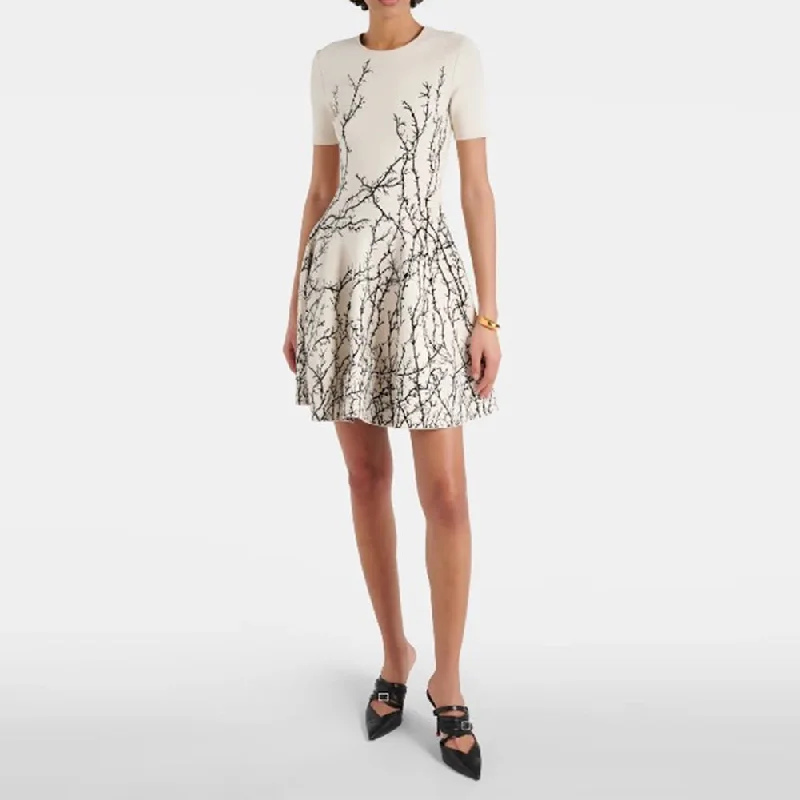 Lantern sleeve dresses for womenRound Neck Branch Pattern Mini Bodycon Dress HT24007
